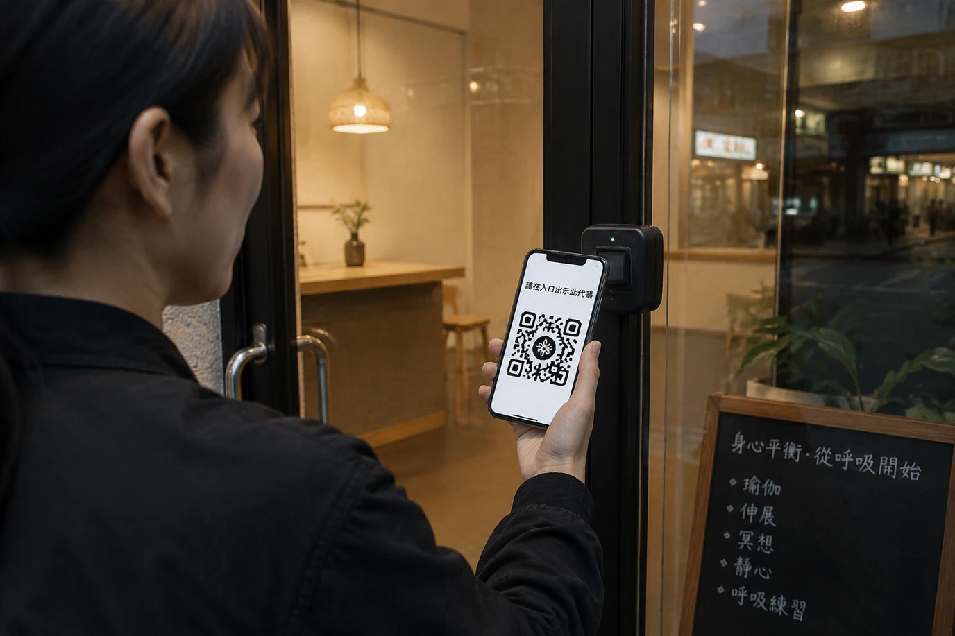 Guest showing a phone QR code at a Hong Kong venue door